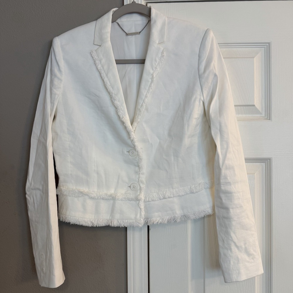 Elie Tahari Blazer White Linen/Viscose Fringe Cropped Career Western Vibes Sz 6